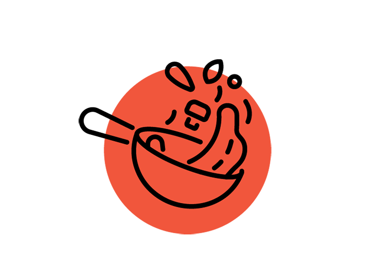 Icon: a red filled circle, containing the outline of a pan tossing vegetables.