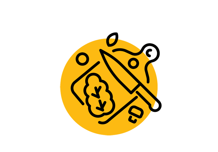 Icon: a yellow filled circle, containing the outline of a cutting board, chef’s knife, and chopped vegetables.