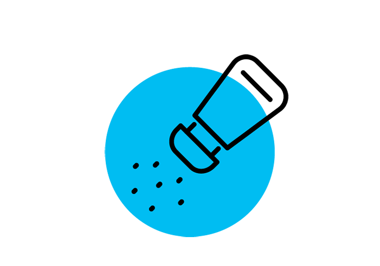 Icon: a light-blue filled circle, containing the outline of an upside-down salt shaker.