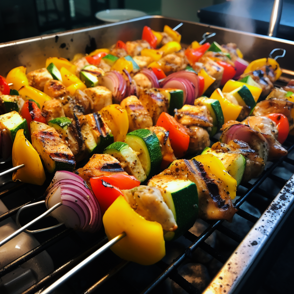 Skewers of seasoned chicken and vegetables cooking on a grill.