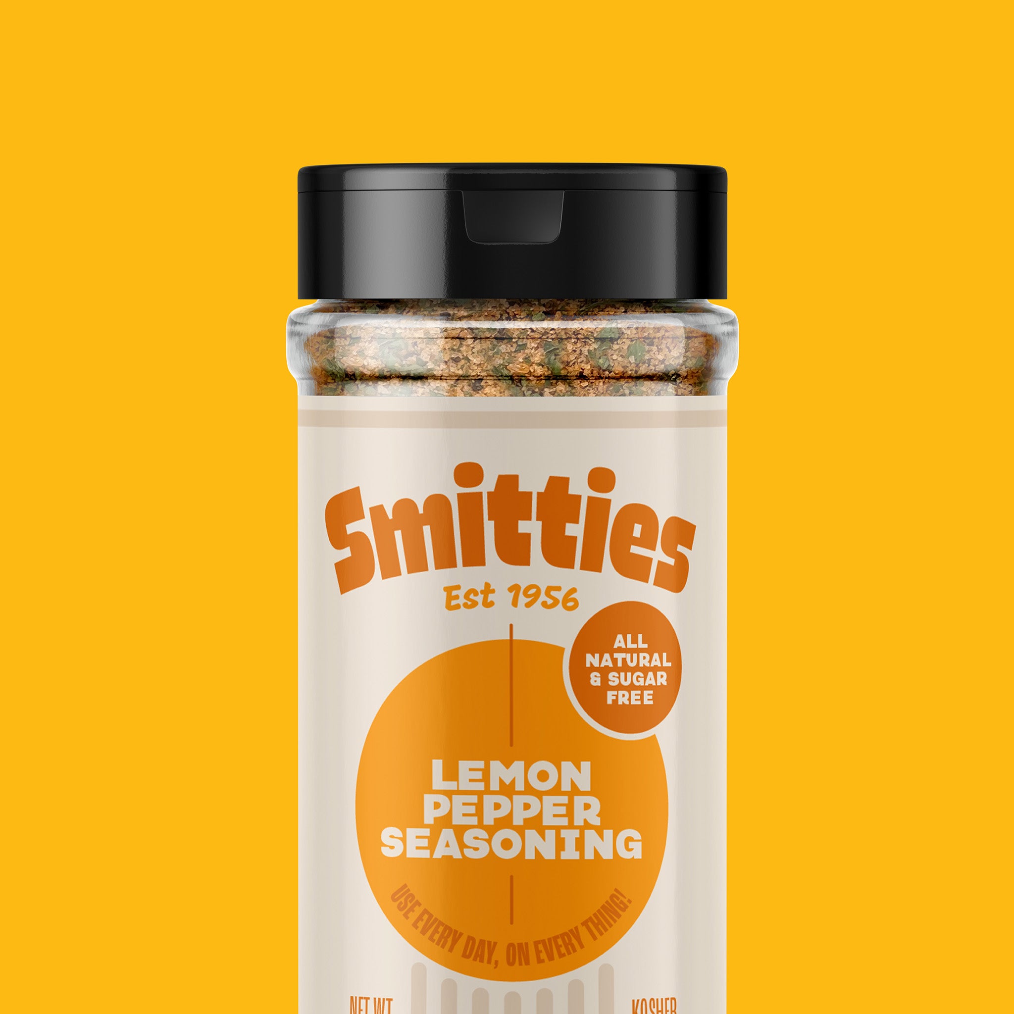 A shaker of Smitties Lemon Pepper Seasoning against a yellow background.