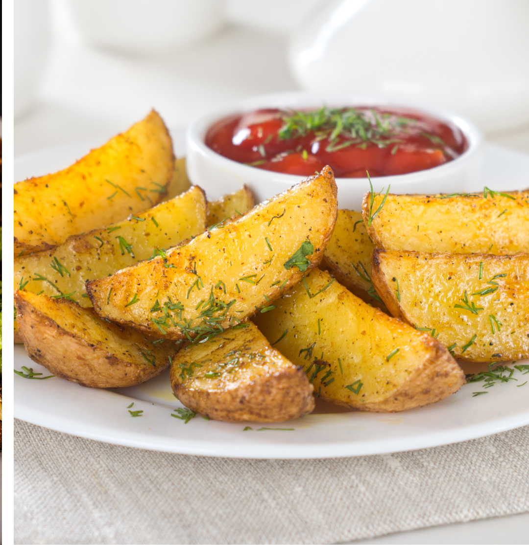 Roasted potato wedges seasoned with Smitties